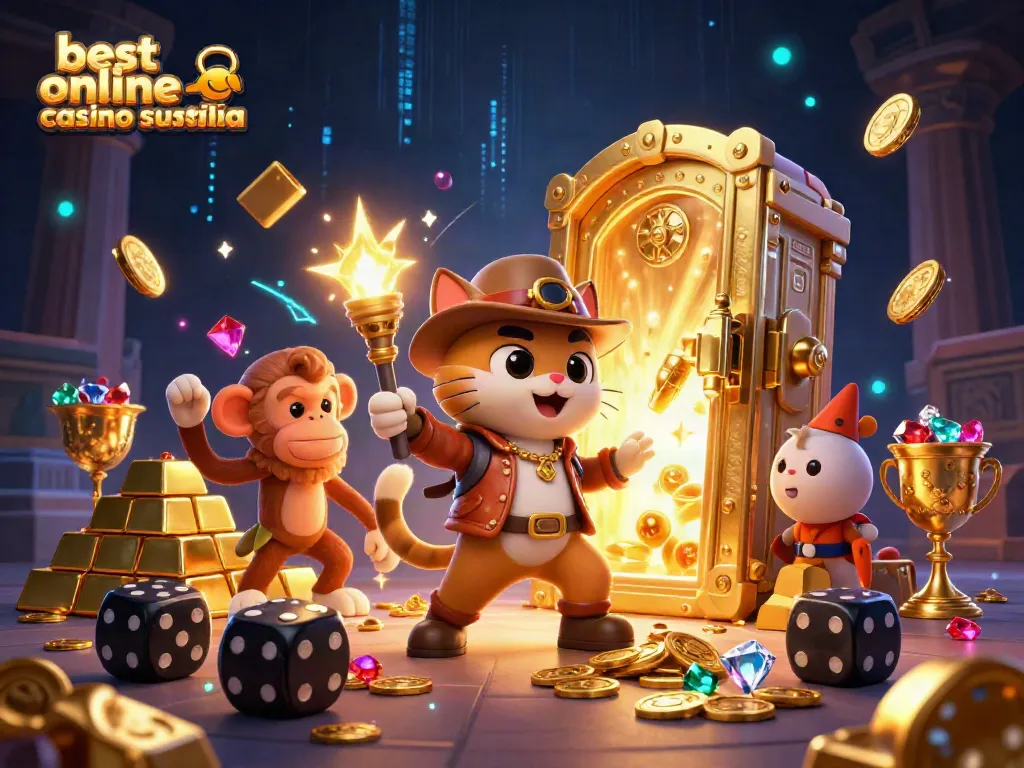 Experience the thrill of the best online casino Australia with an adventurous cat archaeologist discovering a golden artifact.