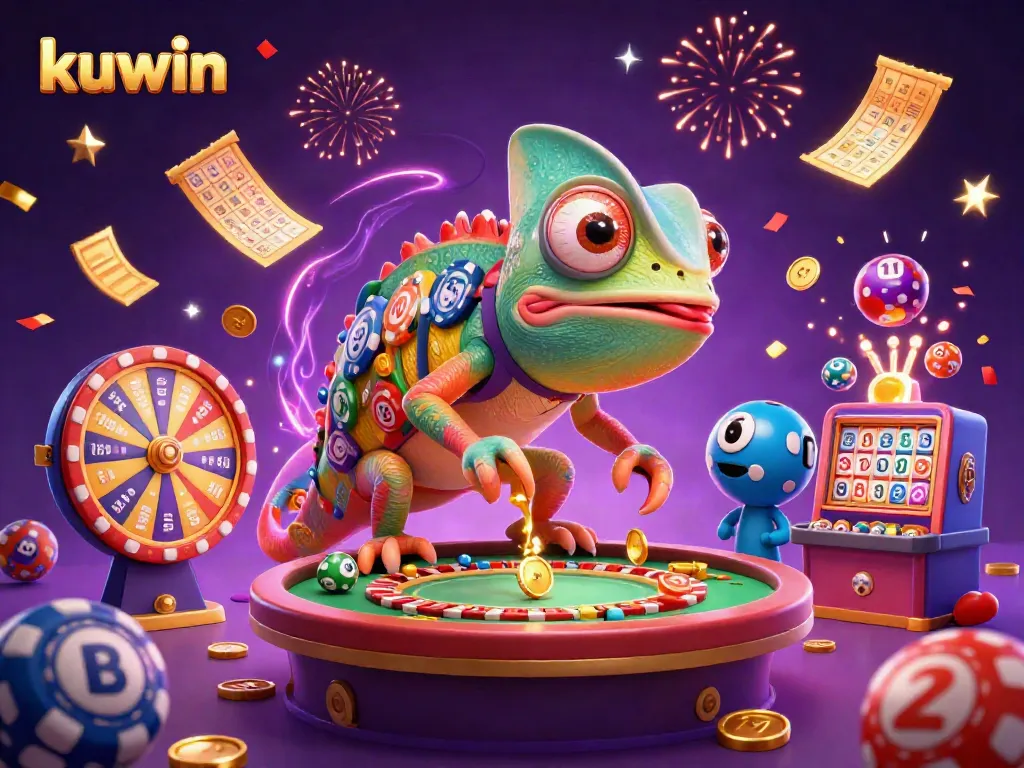 Kuwin promotes excitement with a chameleon casino owner catching golden coins in a vibrant online gambling scene.