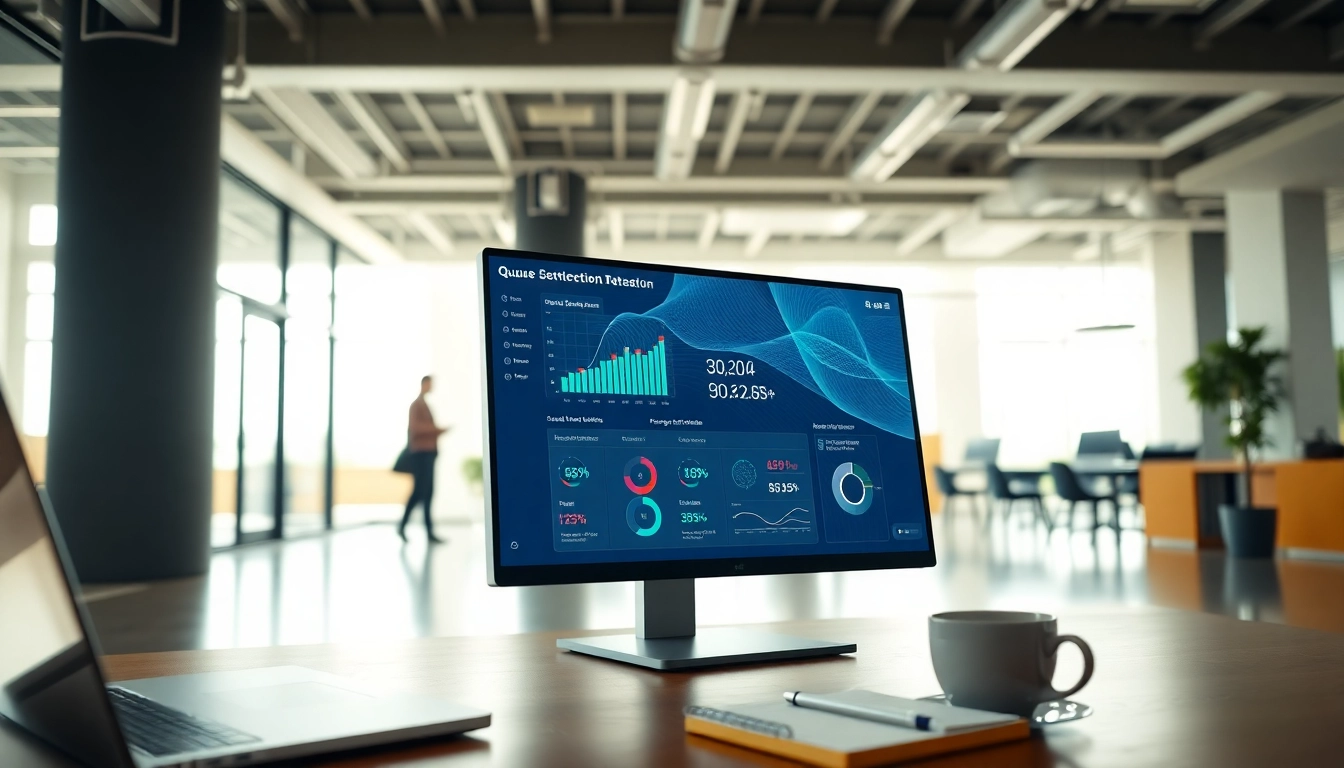 Showcase of a queue detection software dashboard in a modern office setting.
