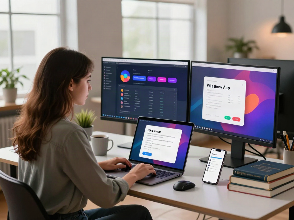 Downloading Pikashow Apk on a laptop in a modern workspace with dual screens.