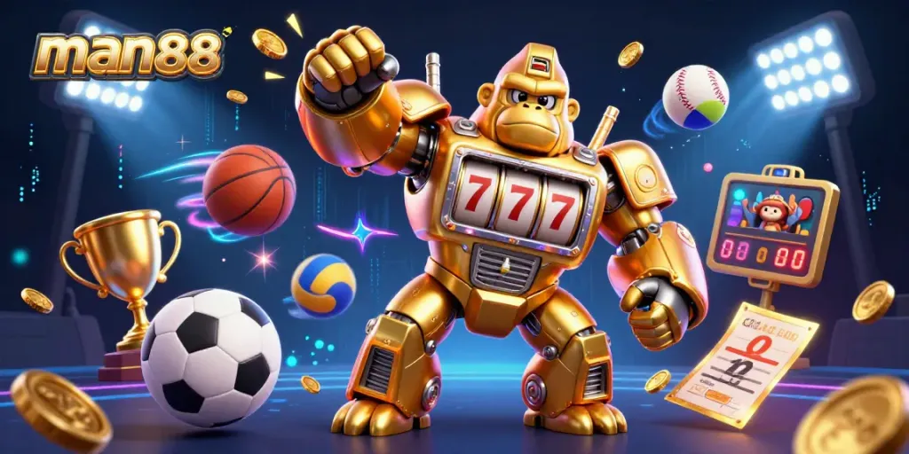Experience thrilling gaming at man88 with a dynamic 3D scene featuring a gorilla mech and sports elements.