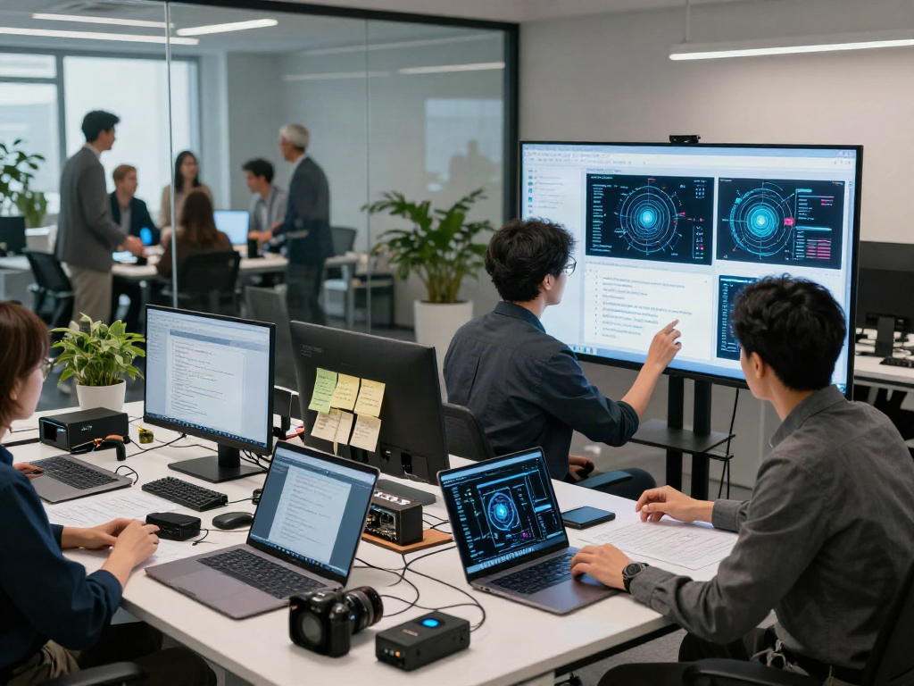AI-Generated Image Detection in a high-tech office lab with data scientists analyzing algorithms and images.