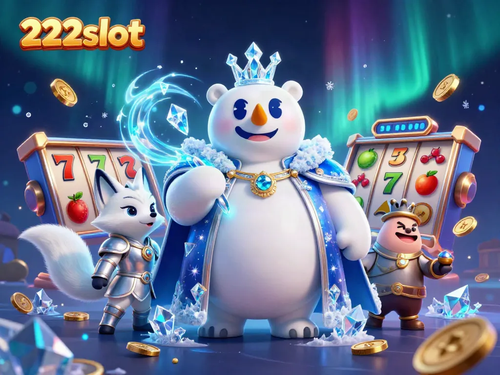 Menangkan slot dengan 222slot: beruang kutub raja dan rubah salju di kasino bergaya fantasi.