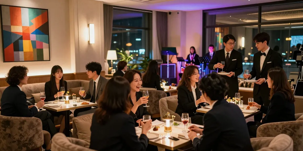 강남구구단 쩜오의 고급스러운 내부 인테리어와 손님들이 즐기는 모습