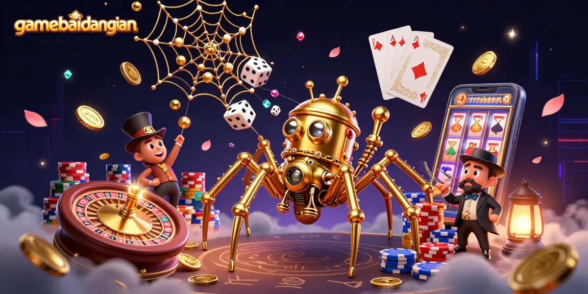 Join the excitement of gamebaidangian with a vibrant 3D illustration of casino elements and characters.