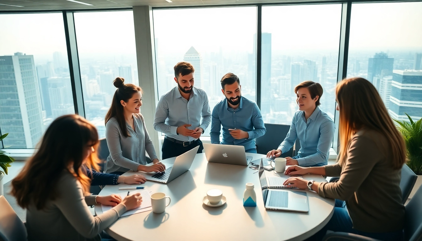 Dynamic team from a social media agency brainstorming strategies in a modern office.