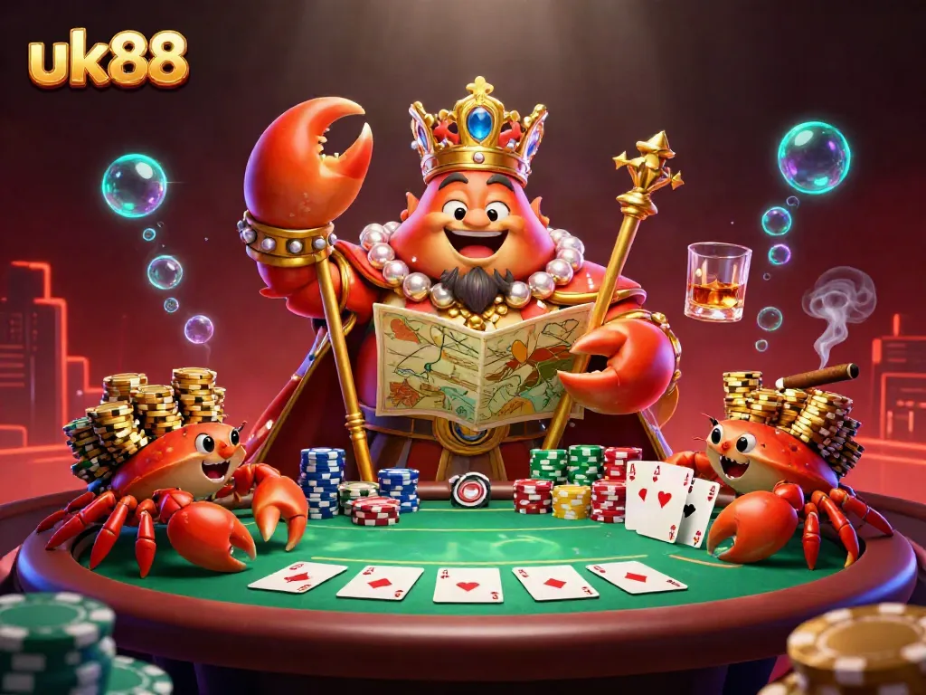 Experience uk88's thrilling casino adventure with a vibrant scene featuring a golden crab emperor and dynamic poker elements.