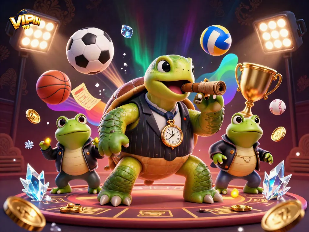 VIPWIN showcases a dynamic casino scene with a cartoon turtle in a mobster suit and bullfrog enforcers.
