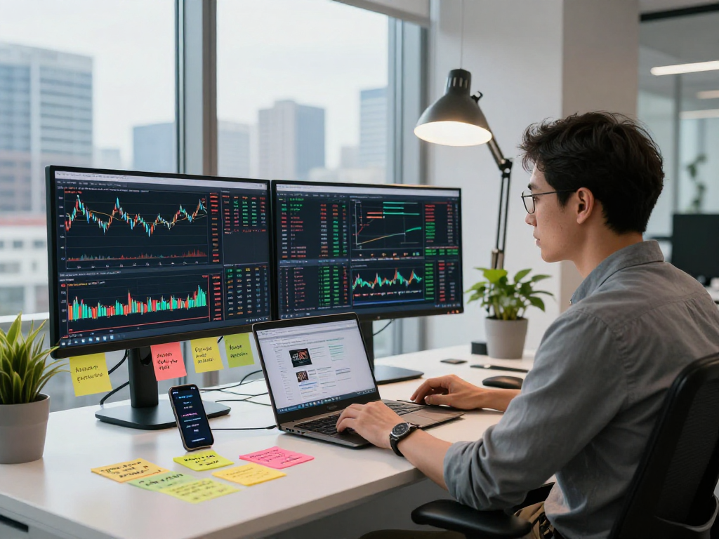 Trader analyzing financial charts on TradingView in a modern office setup.