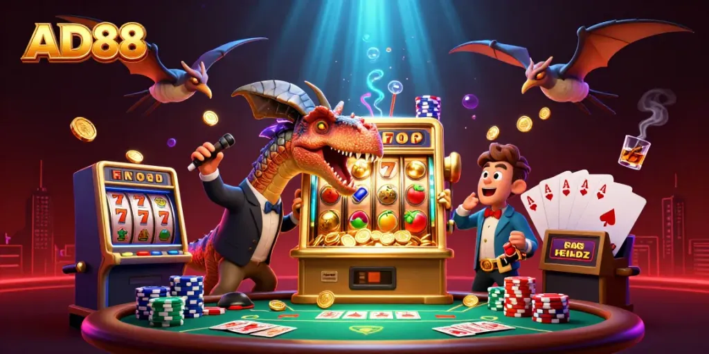 Experience AD88 excitement with dynamic 3D casino scene featuring thrilling jackpots and vibrant gameplay.