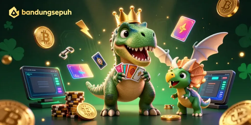 Engaging 3D casino scene with bandungsepuh-themed T-Rex, pterodactyl, and triceratops playing cards and stacking chips