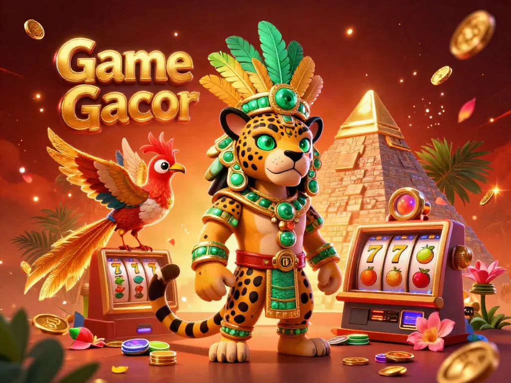 Golang asyik dengan Game Slot Gacor yang menampilkan grafis slot menarik dan karakter jaguar Mesoamerika.