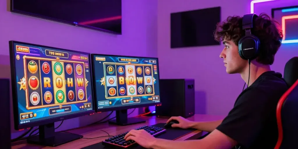 Excited gamer playing slot on desktop with vibrant animations and neon lighting