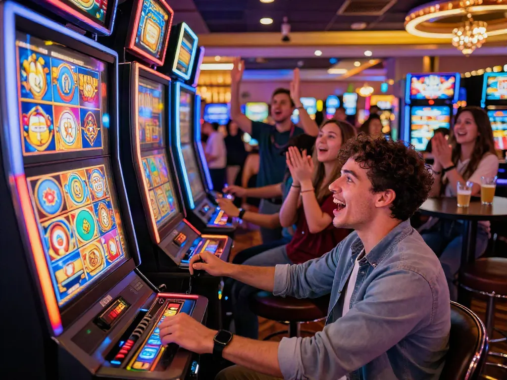 Player enjoying the excitement of slot gacor at a lively casino, surrounded by colorful lights and celebrating friends.