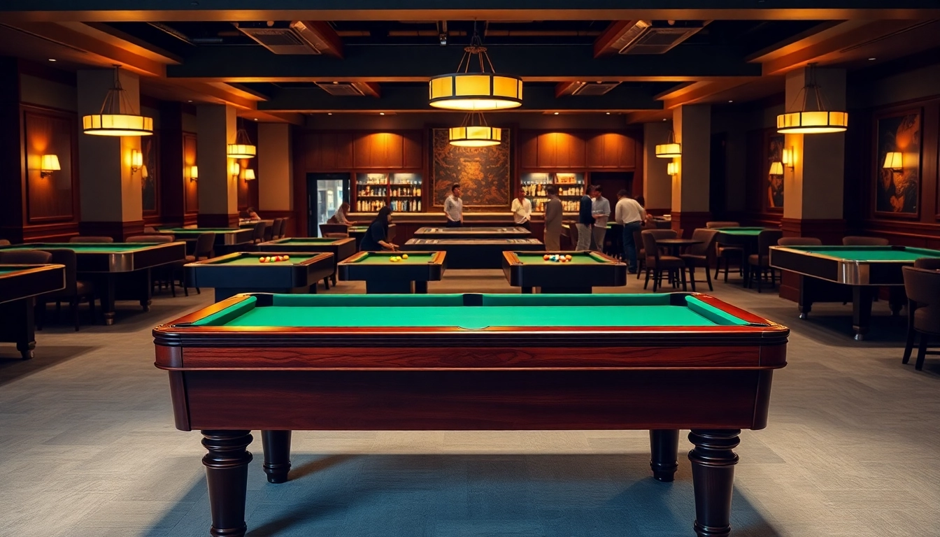 Buy Pool Tables in a stylish pool hall with players enjoying the game.