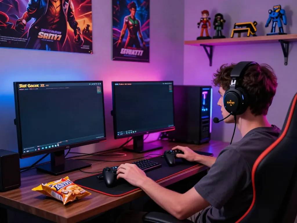Gamer menikmati permainan Slot777 dengan suasana yang dinamis dan menyenangkan.