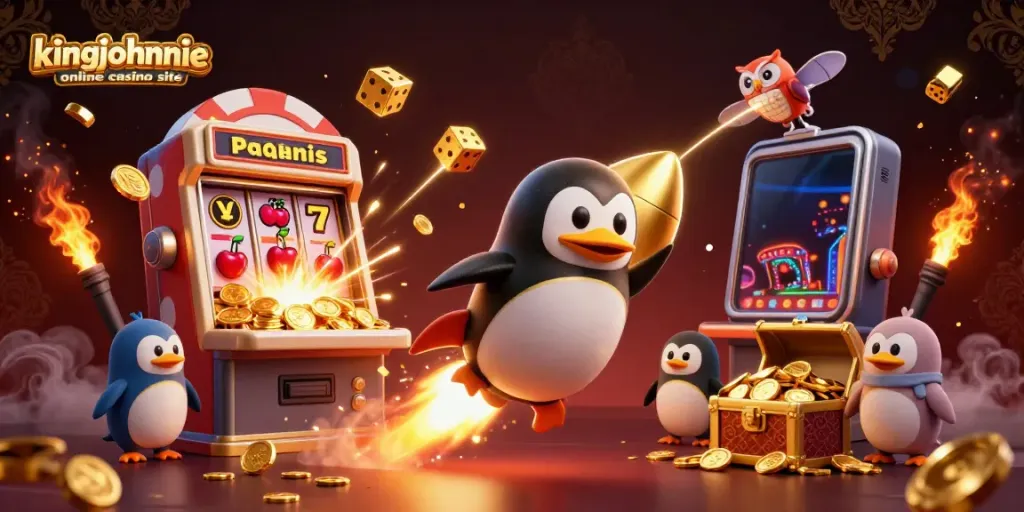 Experience the thrilling energy at the kingjohnnie online casino site with a vibrant 3D penguin and casino elements.