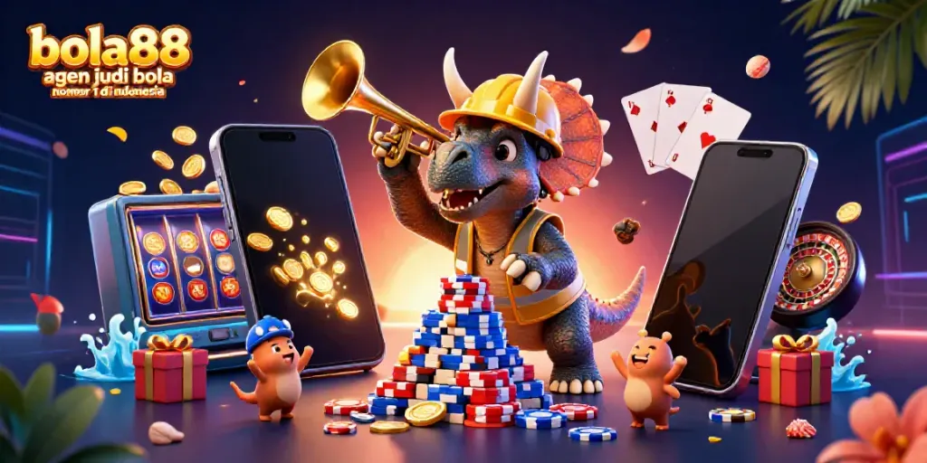 Bola88 agen judi bola nomor 1 di Indonesia illustrated with vibrant characters celebrating wins and exciting gaming elements.