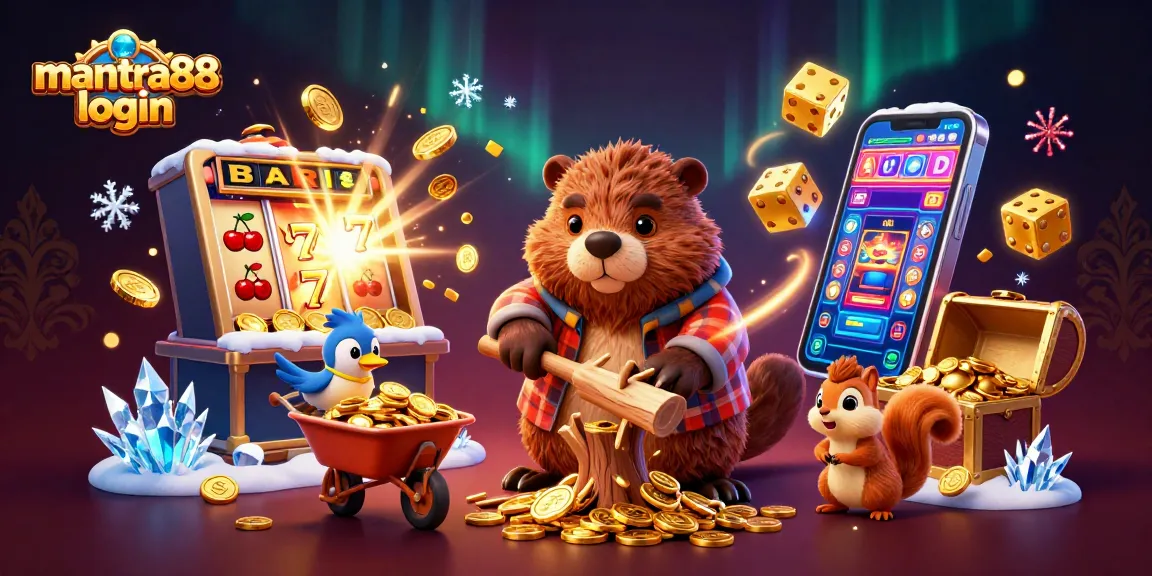 Experience mantra88 login with a lively 3D scene of a beaver collecting gold coins and playful casino elements.