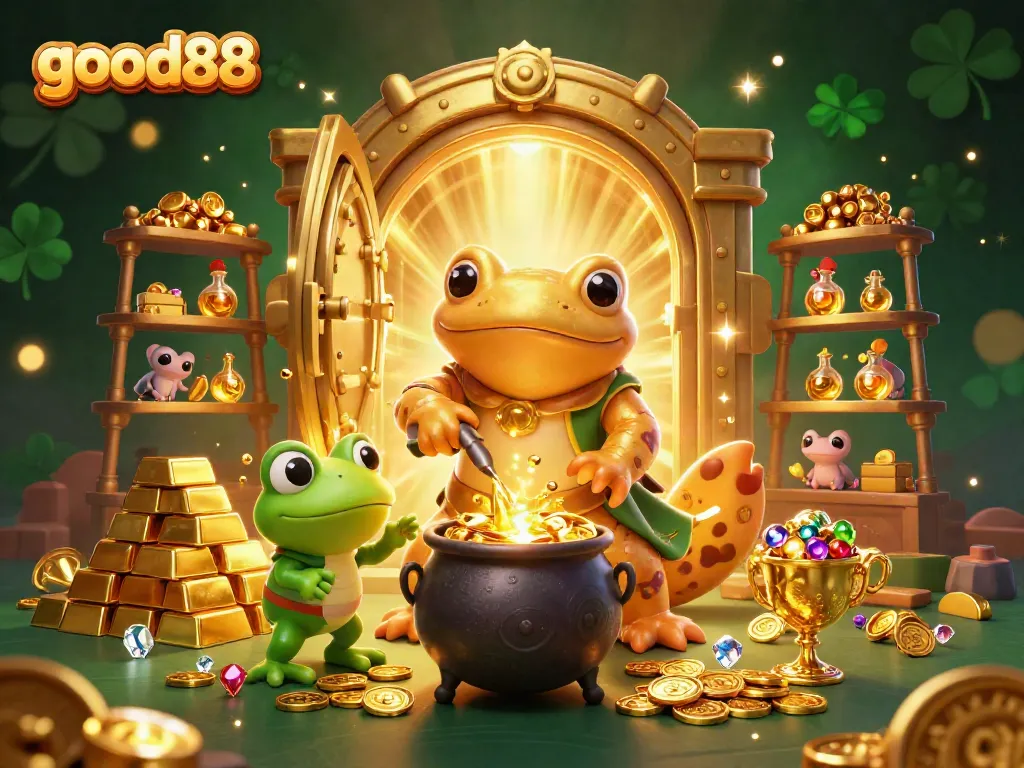 Experience thrilling gameplay at good88, featuring a vibrant 3D casino scene with alchemical transformations and rich gold treasures.