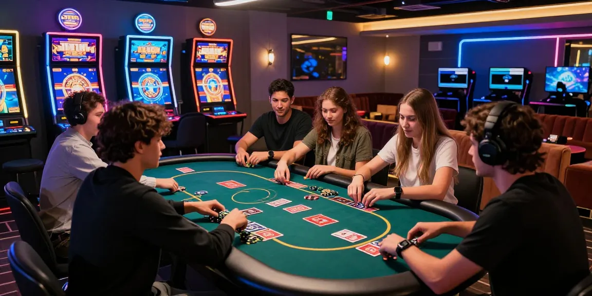 Engaging crypto casino lounge featuring diverse players and vibrant gaming tables.