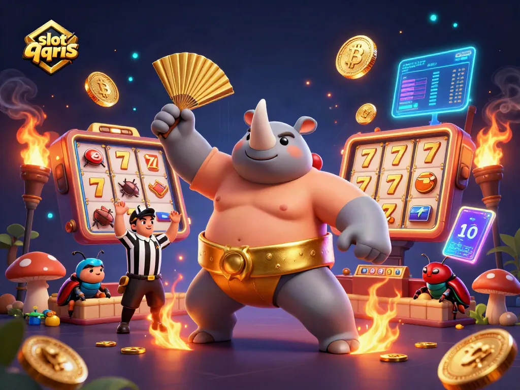 Experience the thrilling slot qris gameplay with a dynamic 3D cartoon scene featuring beetle champions and golden coins.