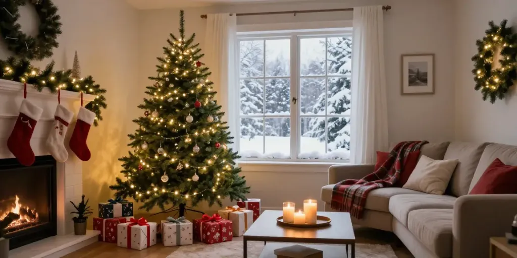 Festively decorated skinny Christmas tree in a cozy living room.