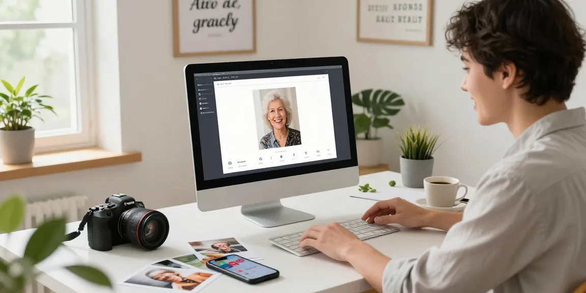 Youthful individual engaging with 'how old do I look' age estimation tool in a bright home office