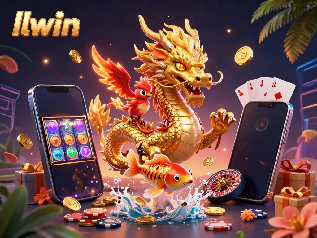 Experience thrilling gaming adventures at llwin with iconic characters like a golden dragon and vibrant koi, surrounded by casino elements.