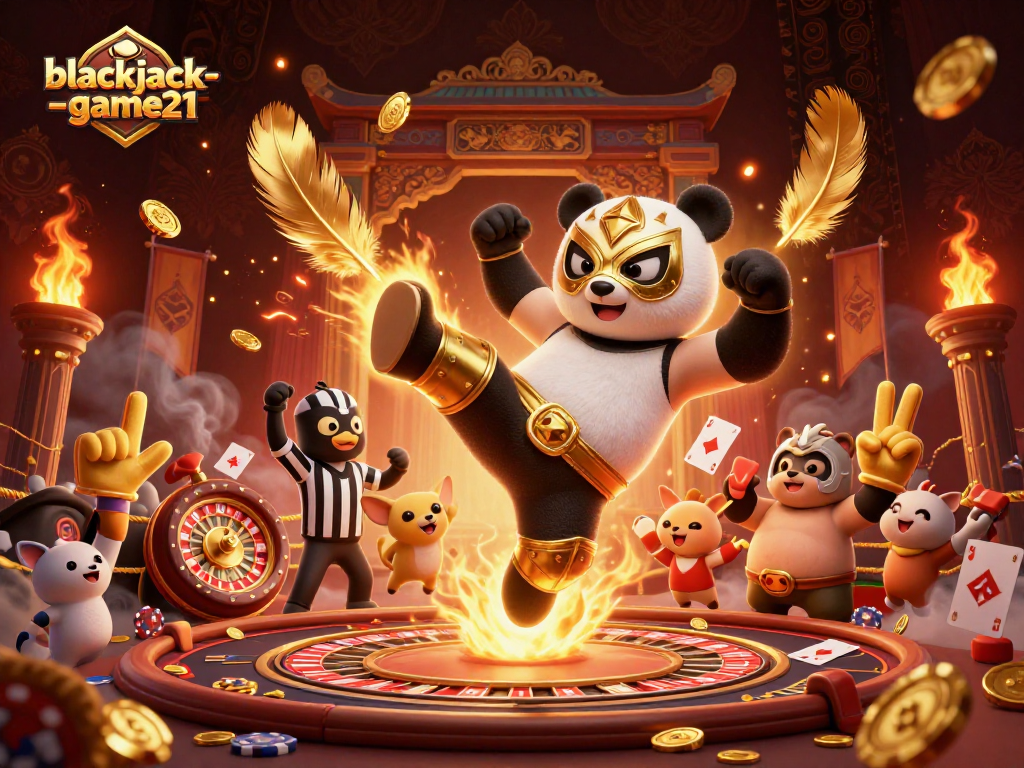 Experience thrilling gameplay at blackjack-game21 with a 3D panda wrestler and casino elements.