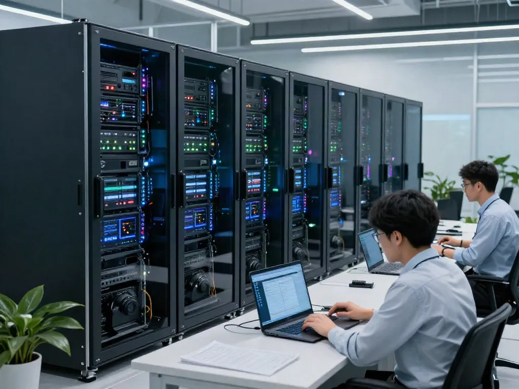 AI inference technology in a high-tech data center with engineers monitoring GPU servers.