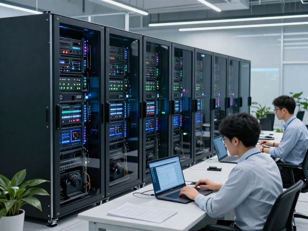 AI inference technology in a high-tech data center with engineers monitoring GPU servers.