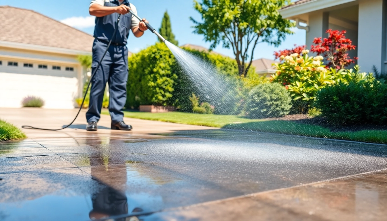 Driveway cleaning with a technician pressure washing concrete, showcasing effective cleaning techniques.
