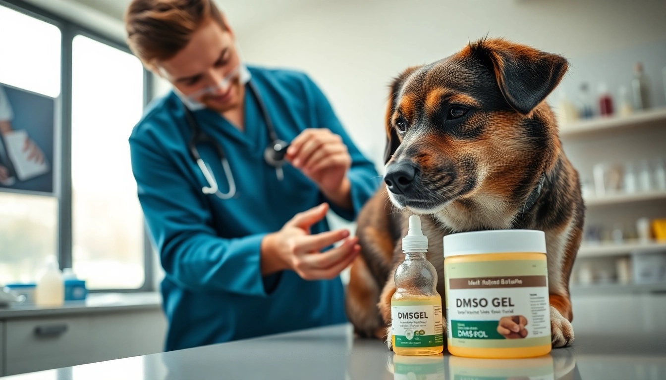 Veterinarian applying dmso for dogs gel on a joint in a pet clinic, enhancing comfort.