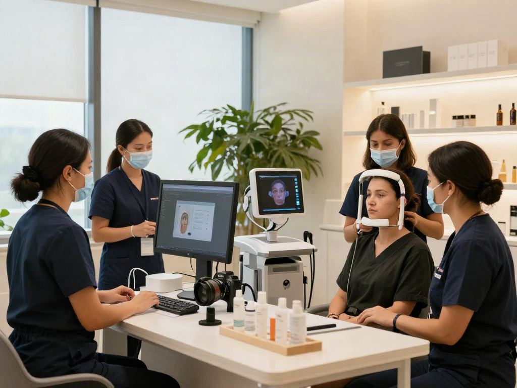 ClinicEvo vs QOVES comparison in a modern beauty analysis studio showcasing client assessment.