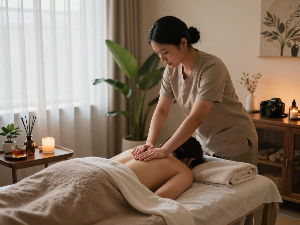 Relaxing massage therapy session at Balanced Massage with mantra88 oils soothing clients in a serene atmosphere.