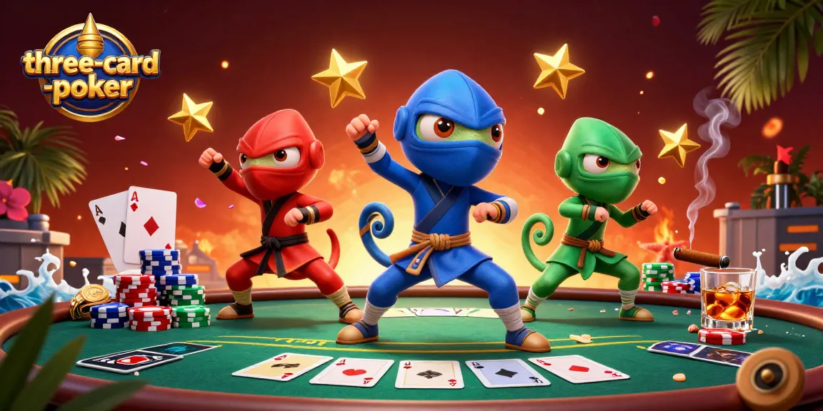 Experience thrilling three-card-poker action with ninja chameleons in a vibrant casino scene.