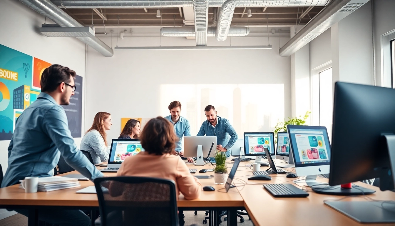 Engaged team at a website design agency Melbourne collaborating in a vibrant office space.