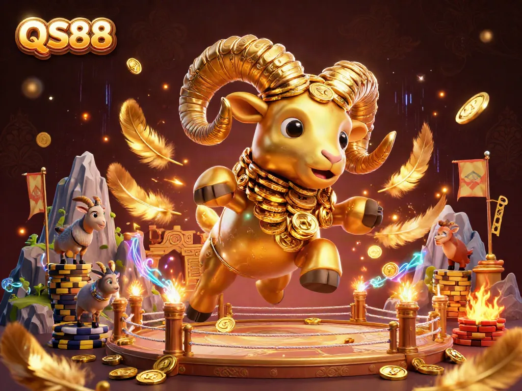 Experience the excitement of QS88 with a golden ram charging through a lavish casino setting.