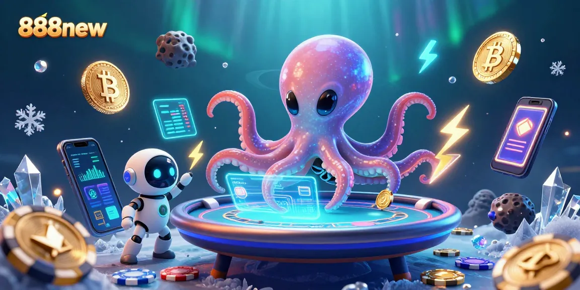 Engage with 888new as an alien octopus manages a floating poker table amidst vibrant crypto elements.