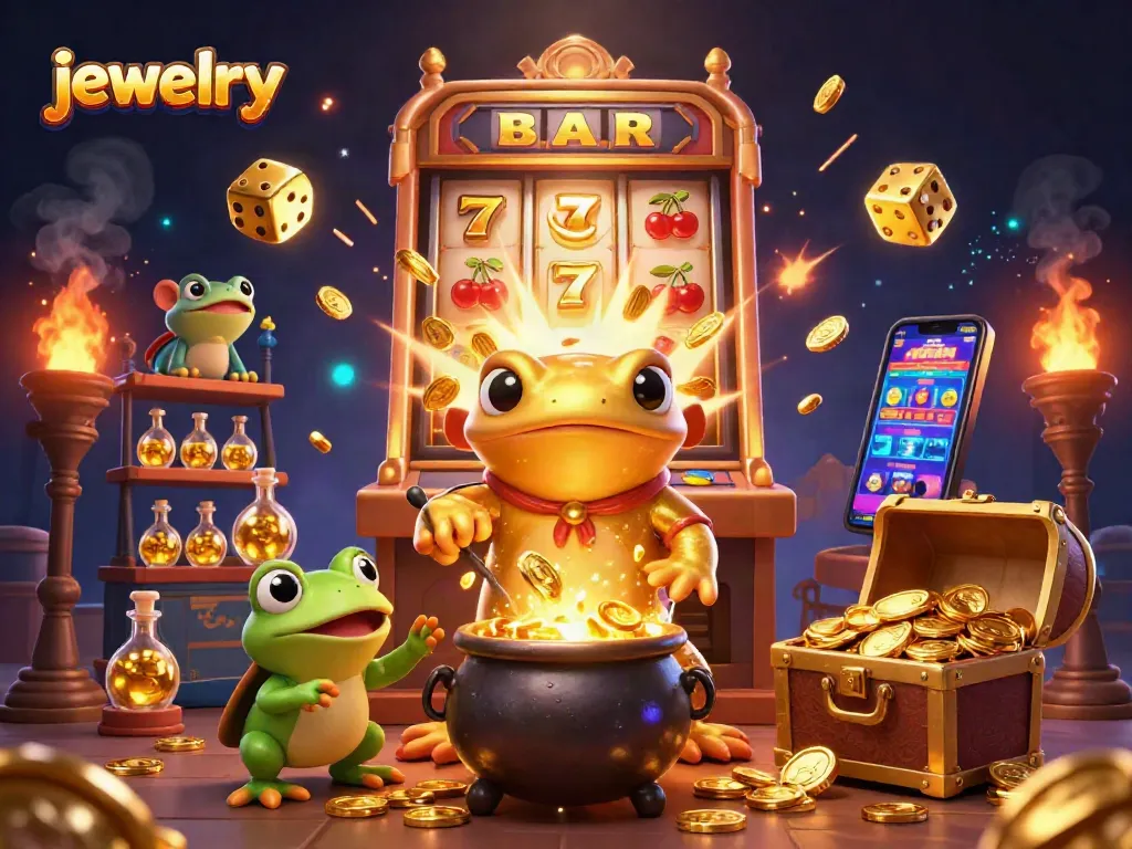 Play with premium jewelry designs while enjoying handcrafted styles in a vibrant casino-themed illustration.