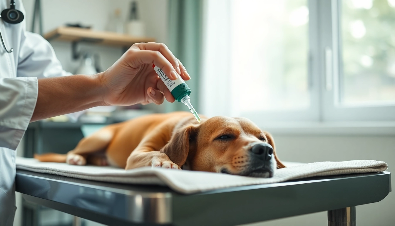 Applying DMSO for dogs in a veterinary clinic, showcasing effective treatment and care.