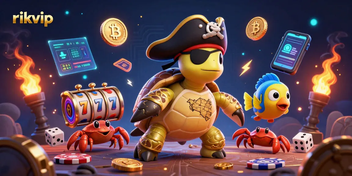 Engage with rikvip's vibrant casino world, floating characters amidst glittering gaming elements.