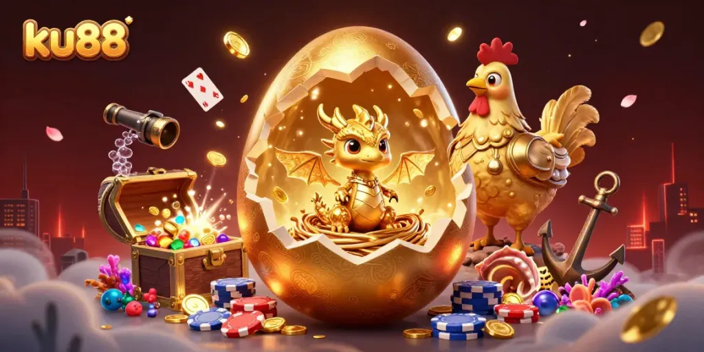 Experience thrilling gaming at ku88 with a lively 3D scene featuring a golden dragon and poker chips.