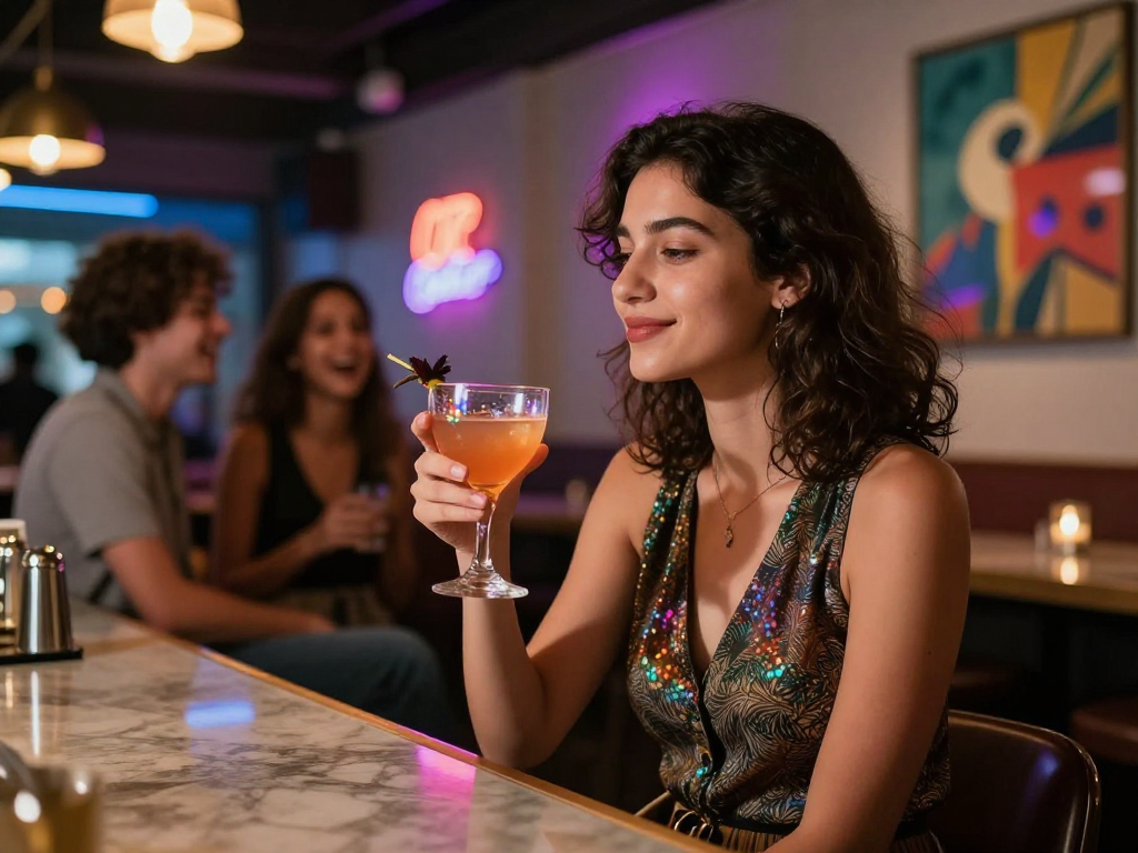 Gái gọi thư giãn trong quán bar hiện đại với ánh đèn neon lung linh.