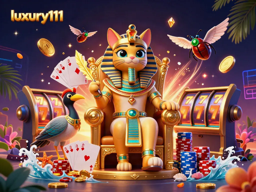 Experience thrilling moments with luxury111 as 3D characters celebrate amidst golden slot machines and vibrant casino elements.