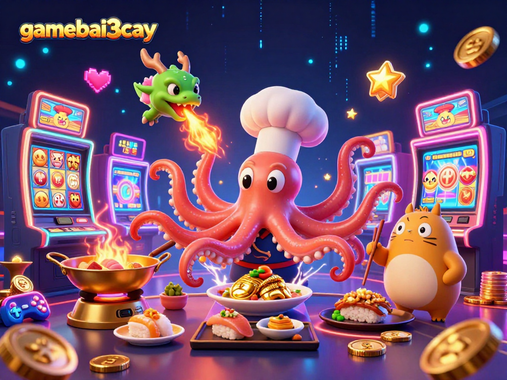 Gamebai3cay showcases a vibrant illustration of a sushi chef octopus and dragon in a dynamic slot machine scene.
