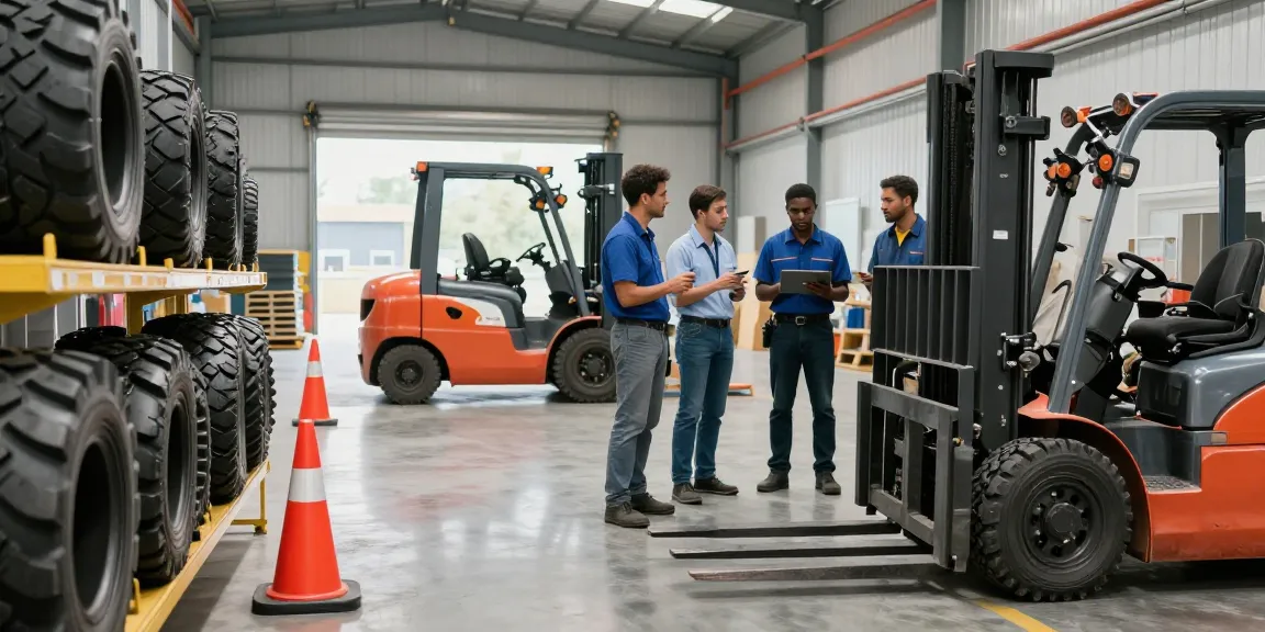 High-quality forklift tyres for sale displayed in a professional warehouse, technicians discussing features and benefits.