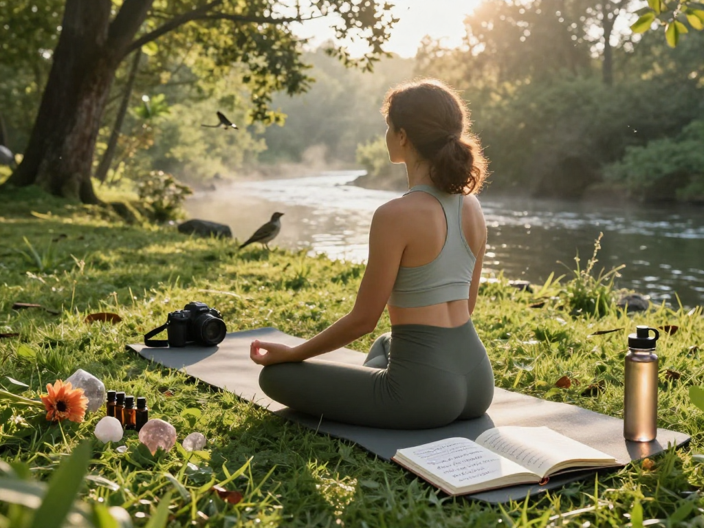 mantra88 meditation scene in nature with person, yoga mat, and tranquility