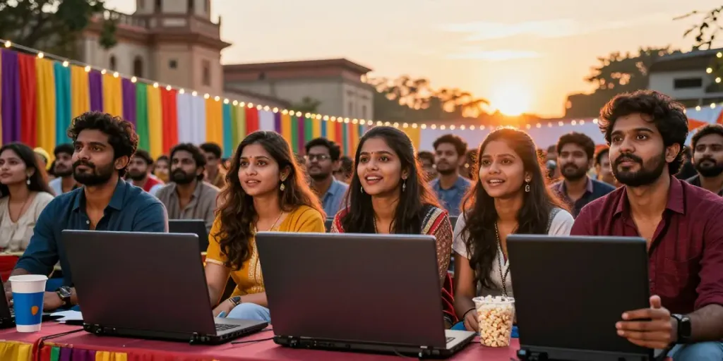 Group watching ullu web series premiere at a festive outdoor film festival.